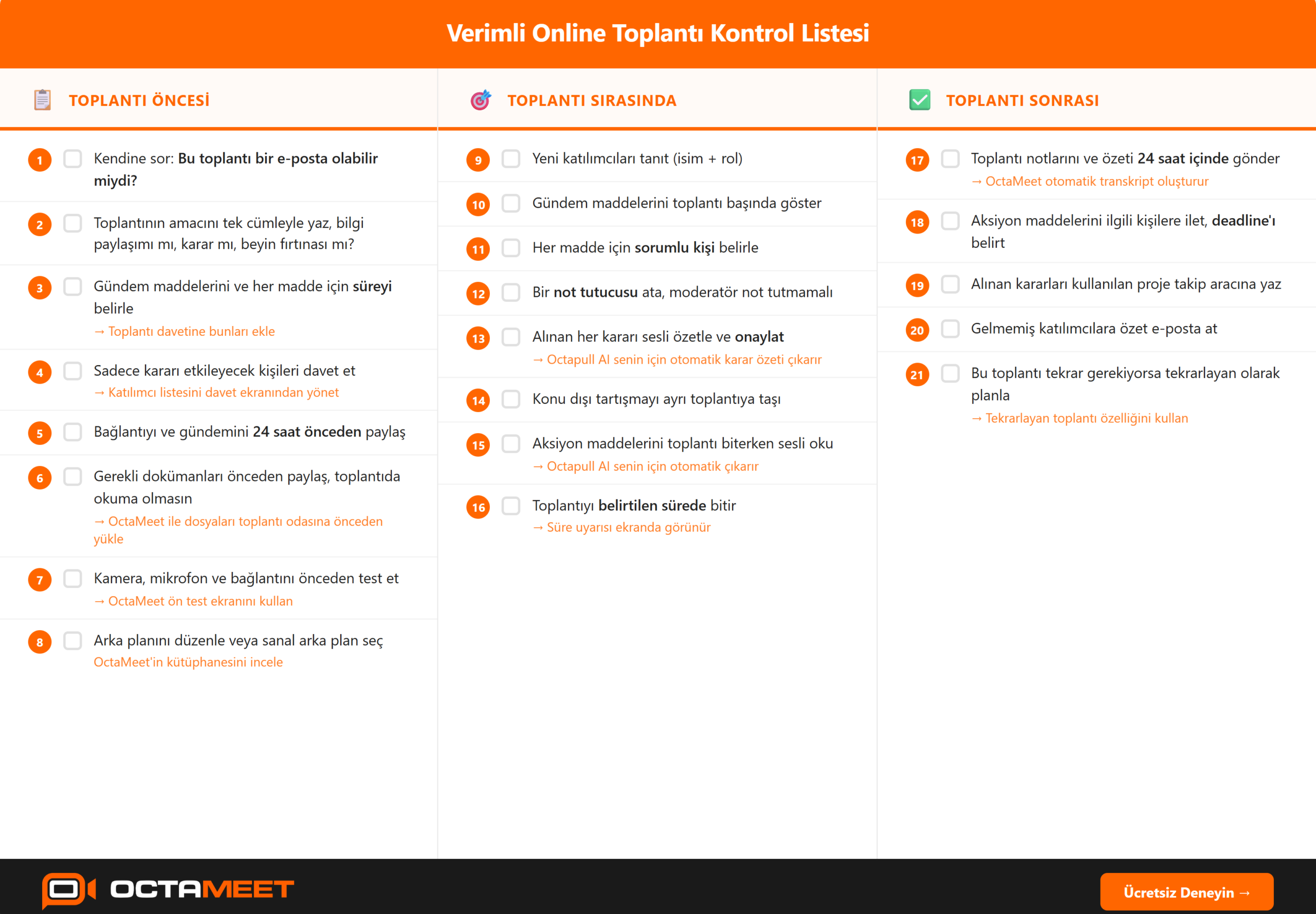 OctaMeet Online Toplantı Öncesi Checklist